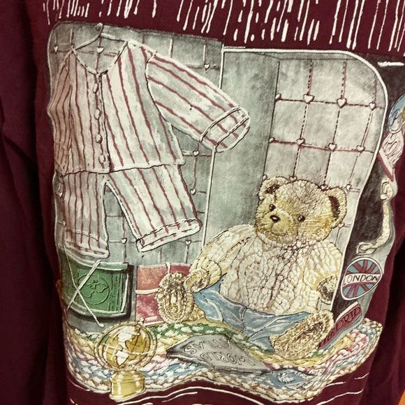 Vintage Teddy Bear Graphic Collared Sweatshirt Burgundy Cottagecore Top - Picture 3 of 12